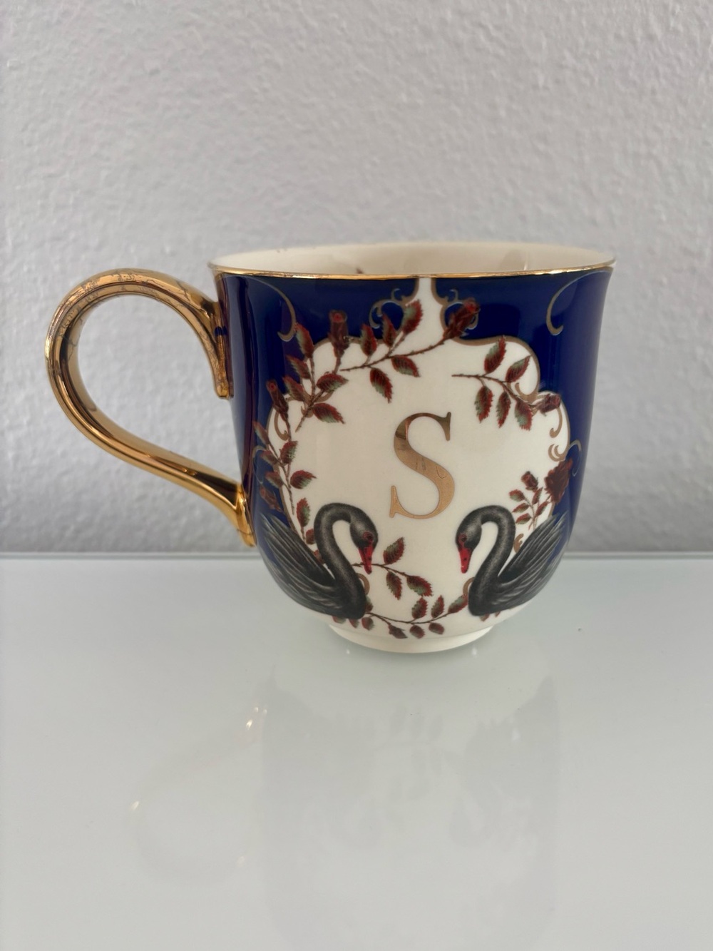 Lou Rota for Anthropology nature table Monogram Coffee Tea Mug "S" Swan